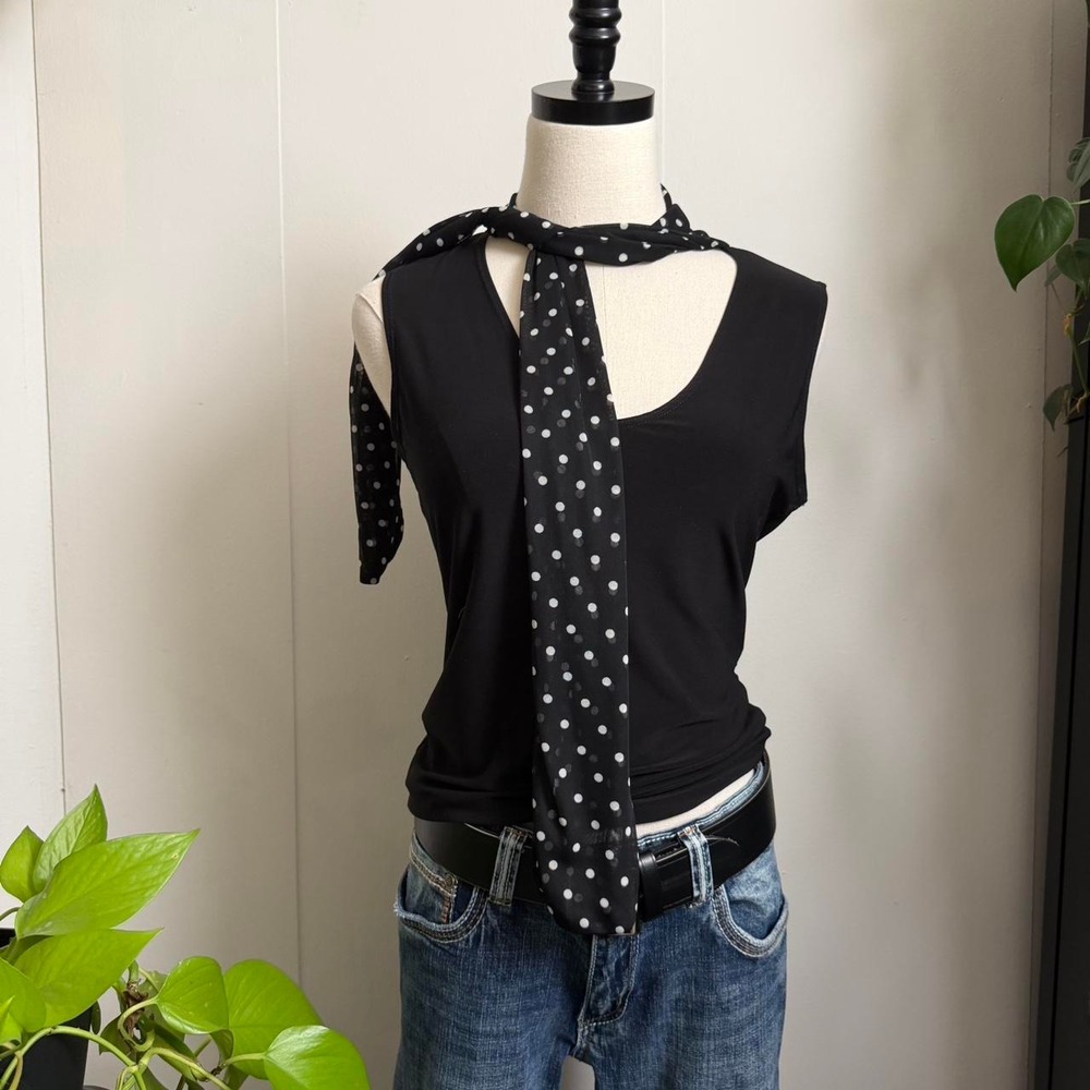 Susan Lawrence Black Tank Top Polkadot Scarf Tie Twee Y2K Made in USA Medium